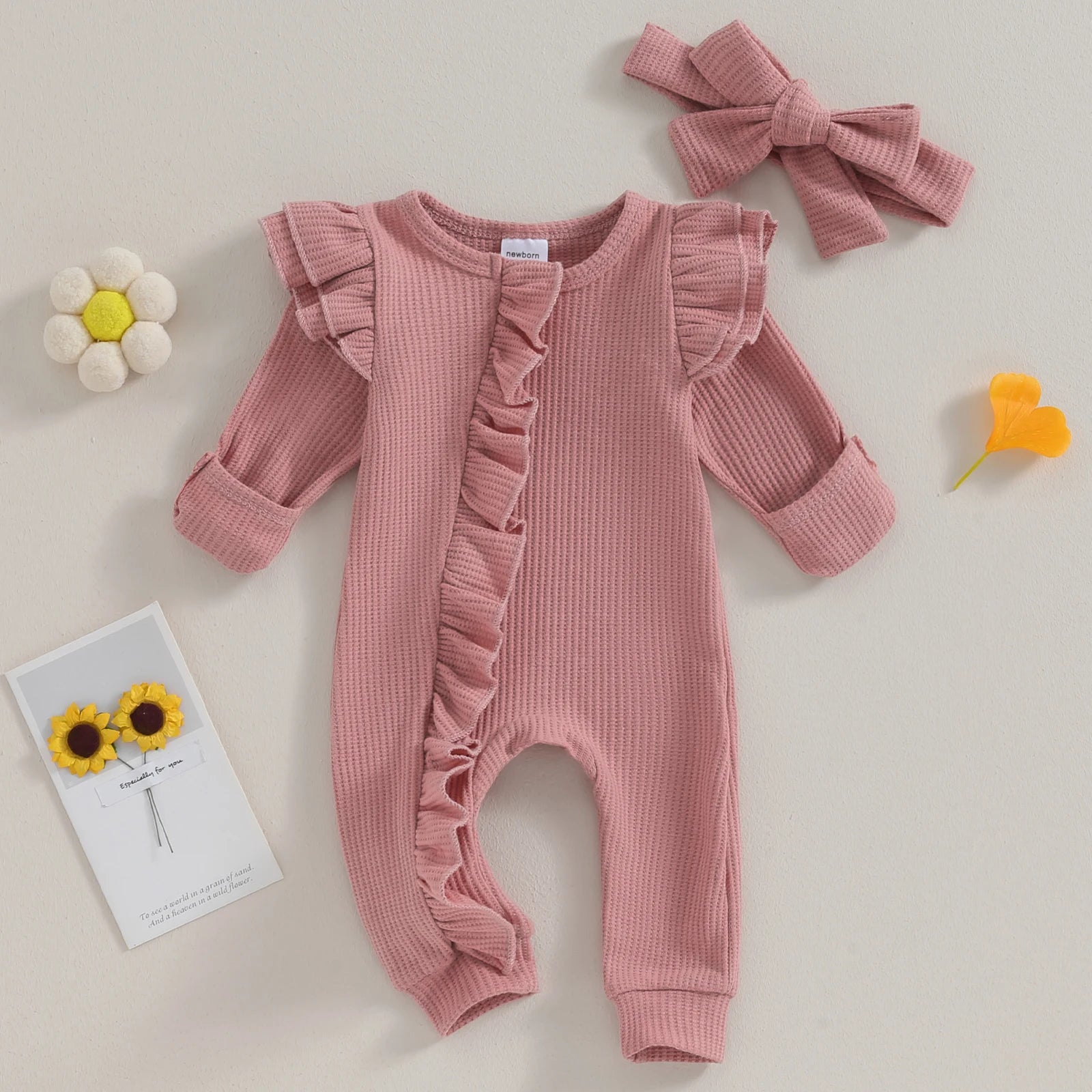 Welcome your little one into the world with this adorable Newborn Knitted Fly Long Sleeve Romper-Headband!