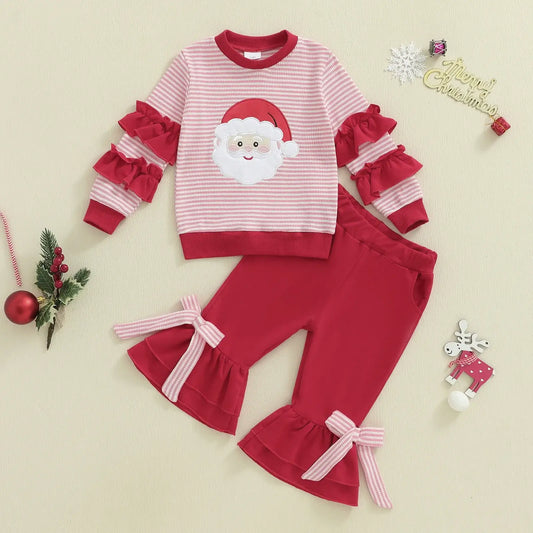 This adorable Toddler Girls Christmas Ruffle Top-Bow Pants-Headband brings the holiday cheer. 
