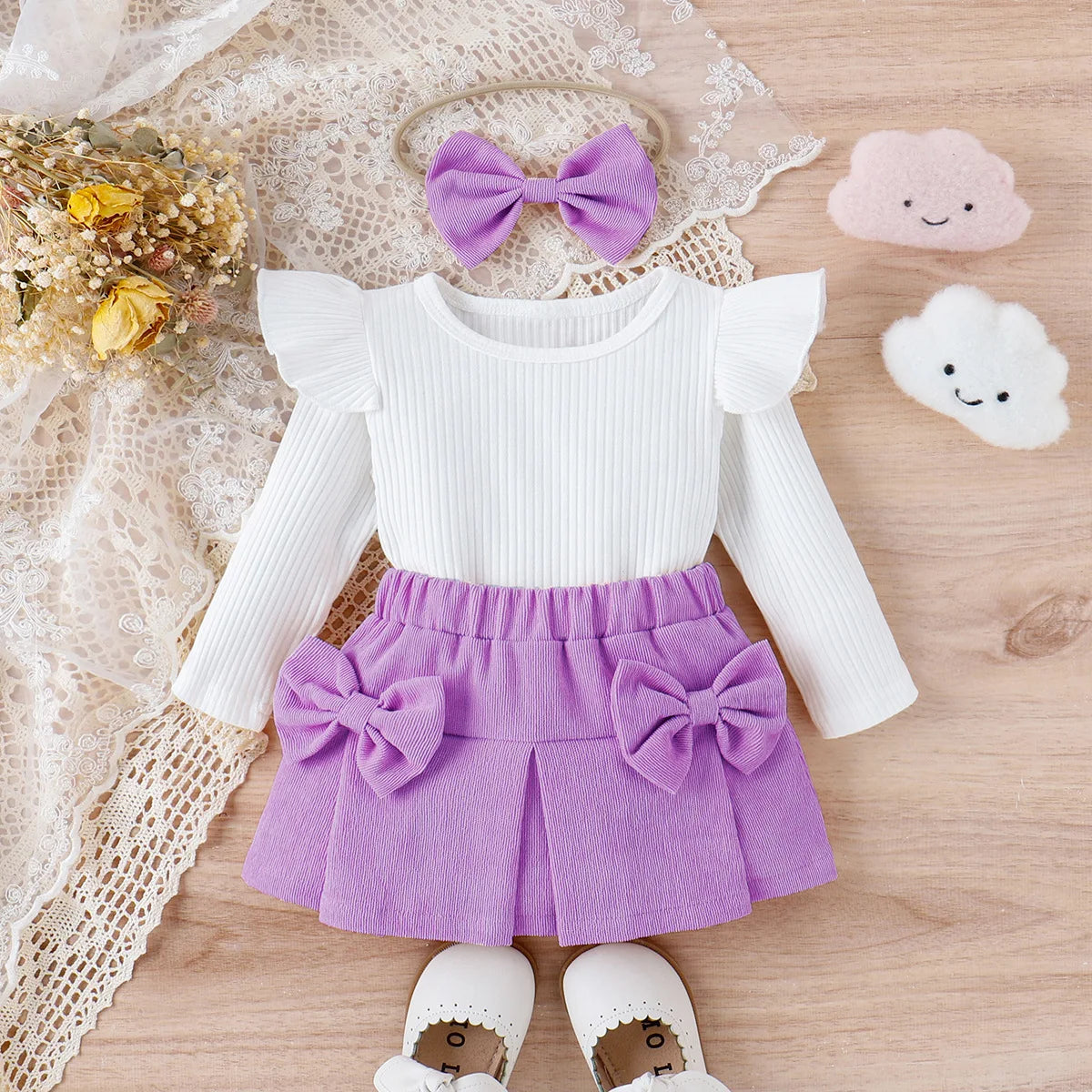 Introducing our Spring Infant Girls Long Sleeve Romper-Plaid Skirt-Headband set, perfect for your little fashionista.