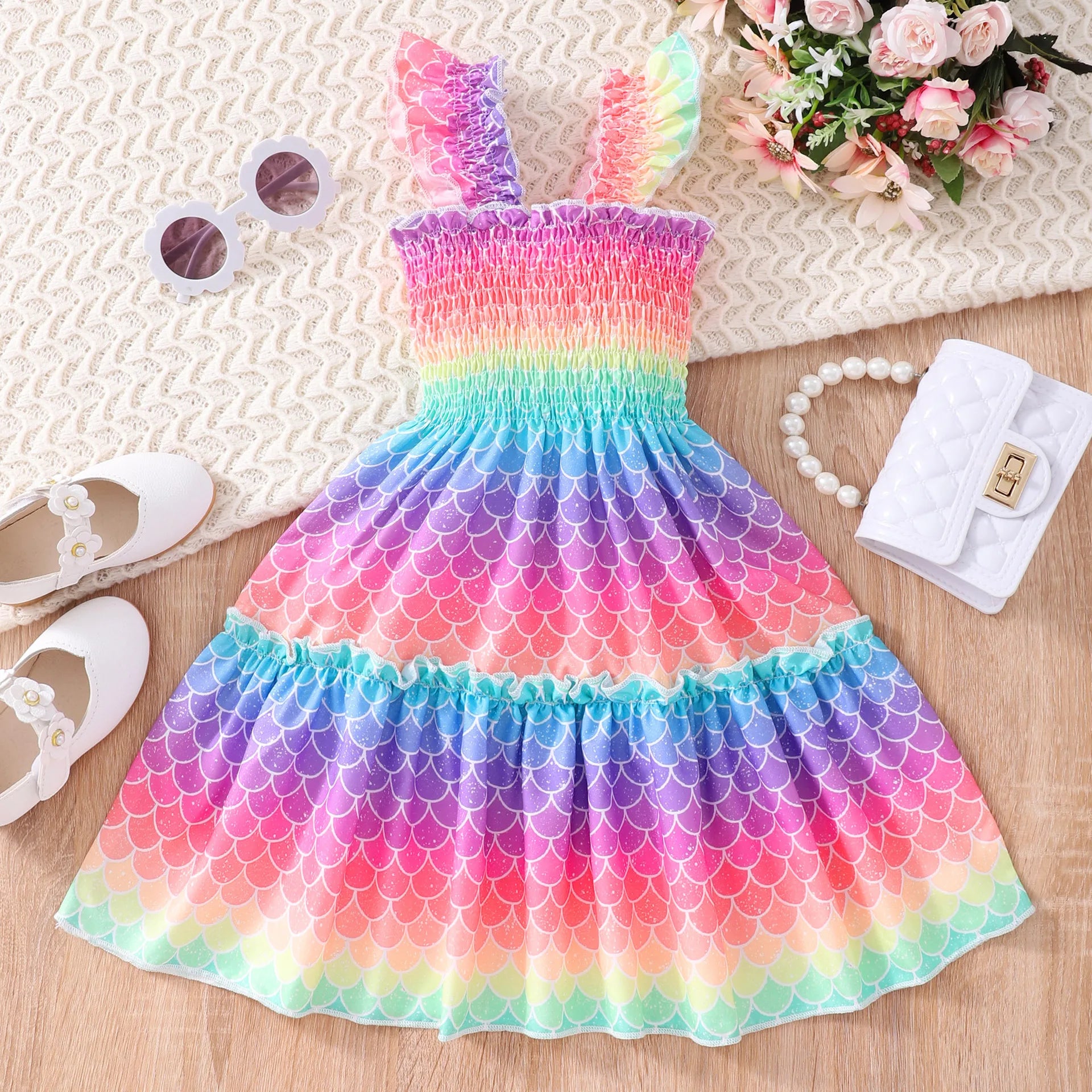 Discover the enchanting beauty of our Summer Girls Mermaid-Butterfly-Rainbow Sleeveless Dresses.