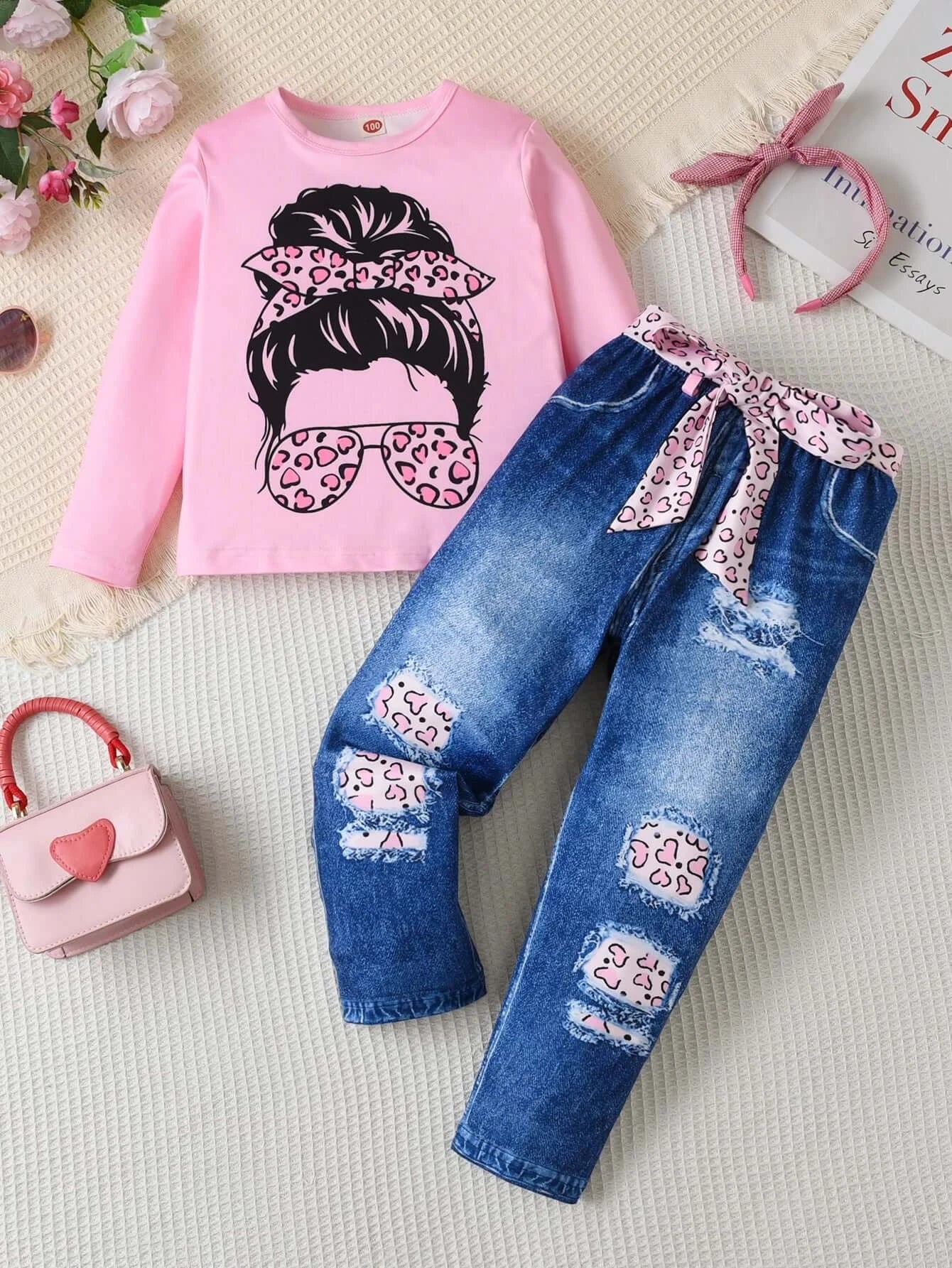 Girls Autumn Pink Leopard & Denim Print Fashion Set