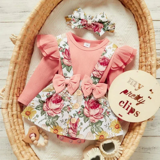 Summer Infants Girls Flying Sleeve Dress Flower Bow Suspenders Skirt