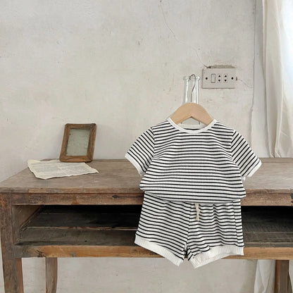 Get ready for warmer weather with these Summer Infant Boys Short Sleeve Striped Tops and Shorts!