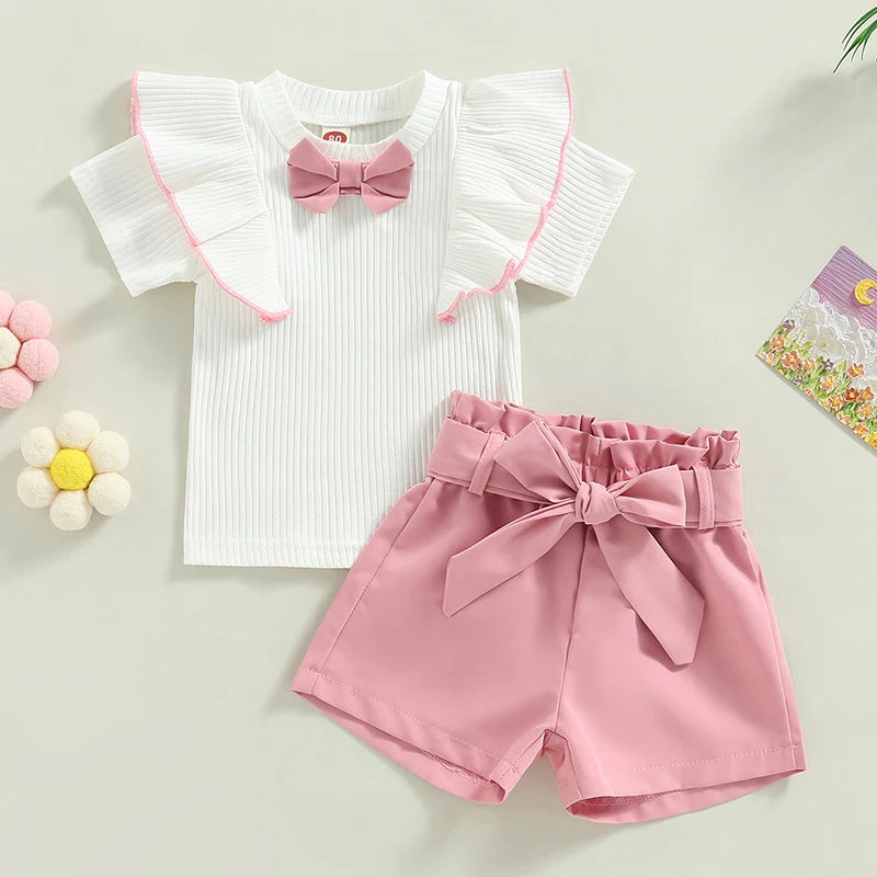 Summer Toddler Girls Short Sleeve Ruffled Bowknot Shirt-Shorts-Belt