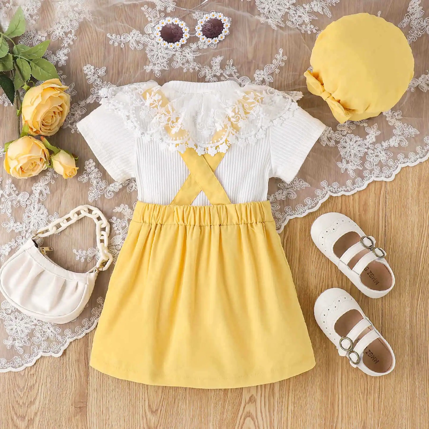 Summer Fashion Girls Lace Doll Neck Short Sleeved Tops + Strap Skirt + Hat