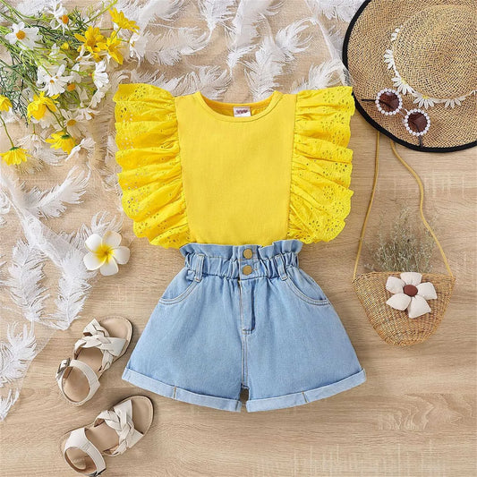 Summer Girls Solid Cotton Ruffle Sleeveless Top & Denim Shorts