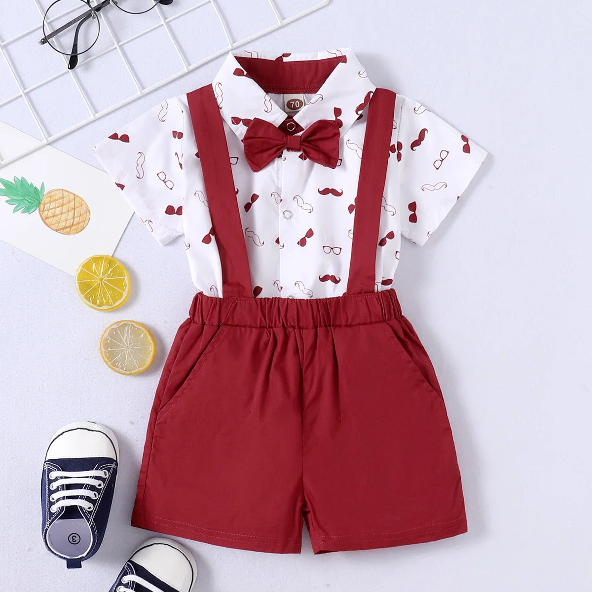 Summer Infants Boys Short Sleeve Bodysuit with Bow + Suspender Pants