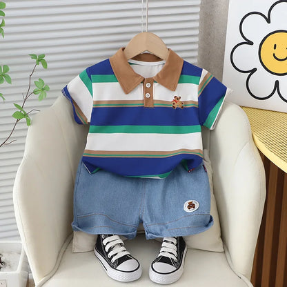 Summer Toddler Boys Striped Bear Polo Shirt Denim Shorts