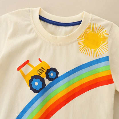 Get your little one ready for summer fun with our Summer Toddler Boys Tractor and Rainbow Appliques Shirt & Shorts!