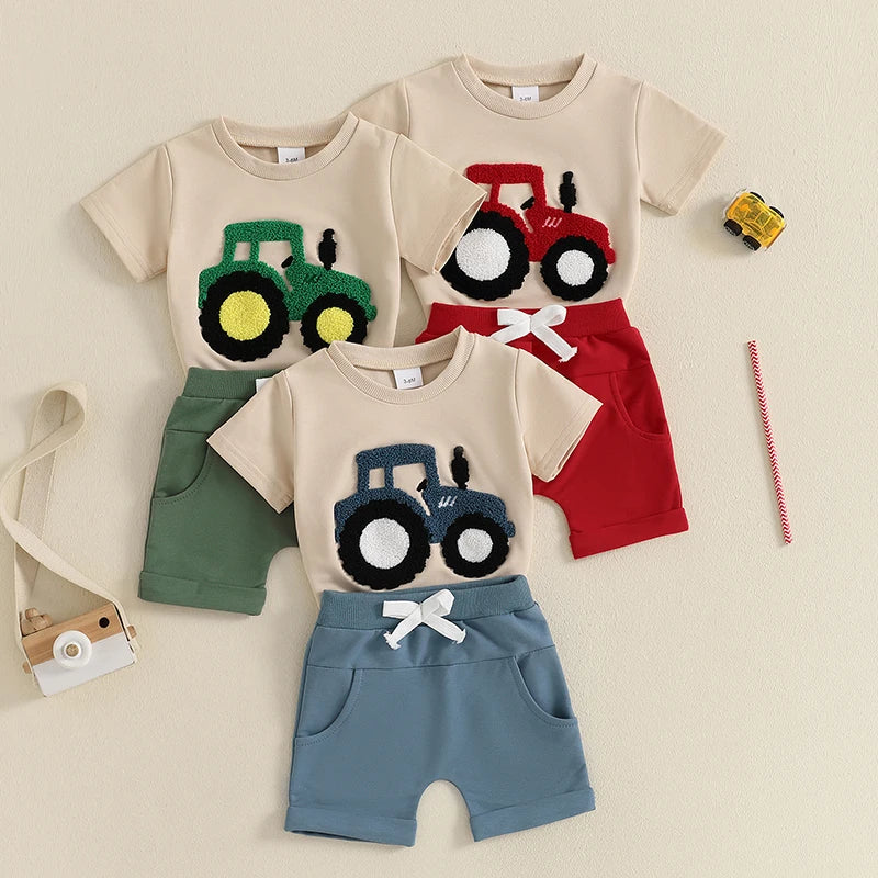 The Summer Toddler Boys Embroidered T-Shirt and Elastic Waist Shorts set is perfect for your little one's summer adventures.