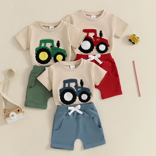 The Summer Toddler Boys Embroidered T-Shirt and Elastic Waist Shorts set is perfect for your little one's summer adventures.