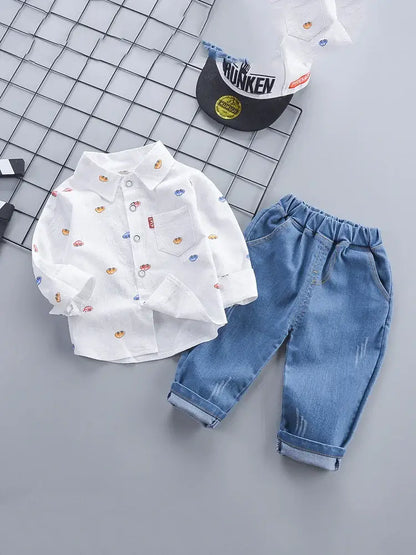 Autumn Toddler Boys Car Print Fashion Shirt+ Denim Jeans