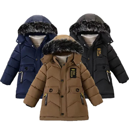 Stay warm and stylish this winter with our Winter Boys Solid Color Hooded Down Coat!