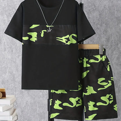 This summer, dress your little boy in the stylish and comfortable Camouflage Round Neck T-shirt and Shorts set!