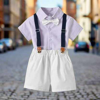 Crafted with superior cotton fabric, our Toddler Boys Bowtie Shirt and Suspenders Set exudes luxury and sophistication.