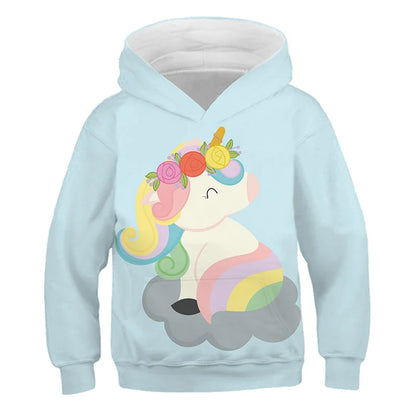 Stay cozy and magical this autumn with our Girls Autumn Long Sleeve Unicorn Hoodie Sweatshirt. Made from soft polyester, this pullover features full sleeves and a playful cartoon unicorn design