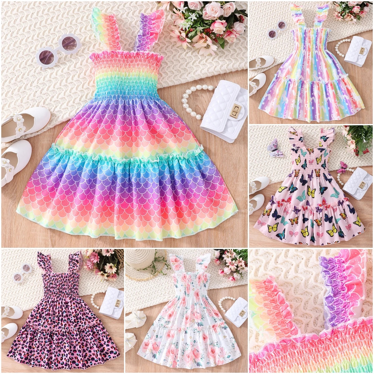 Discover the enchanting beauty of our Summer Girls Mermaid-Butterfly-Rainbow Sleeveless Dresses.