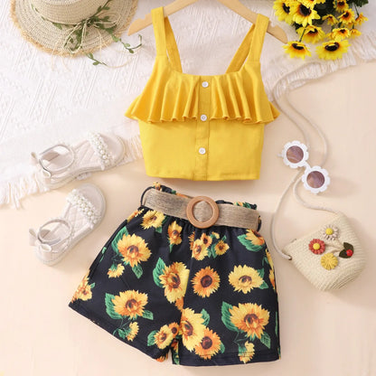 Summer Big Girls Sleeveless Tank Top with Eye-Catching Sunflower Printed Shorts