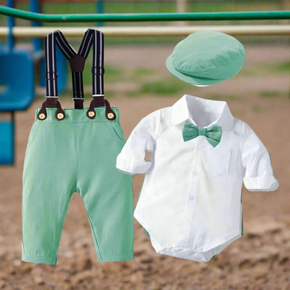 Get your little one ready for the spring season with our exclusive Spring Toddler Boys Suspenders-Romper-Hat Set.