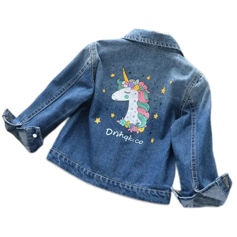 Sprinkle some magic into your child's wardrobe with our Girls Fashion Cartoon Unicorn Denim Jacket.