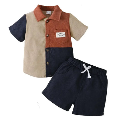 Summer Toddler Boys Fashion Color Block Short Sleeve Top+Shorts