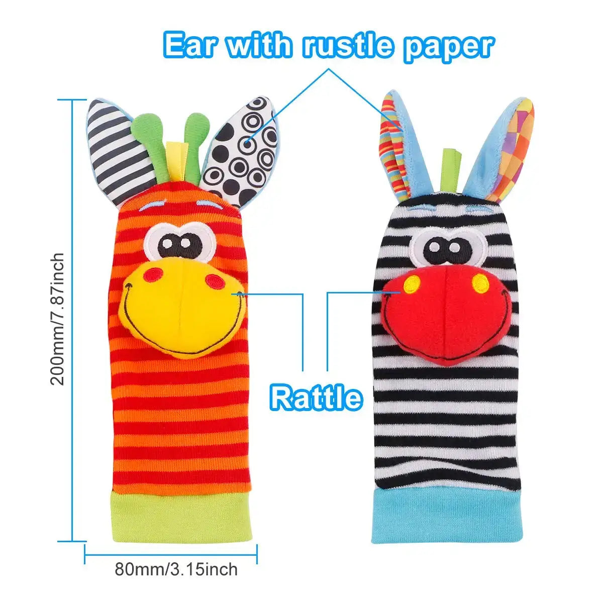 Introduce your little one to the world of colors and animals with our Soft Infant Wrist Or Sock Sensory Plush Animal Rattle Toys!