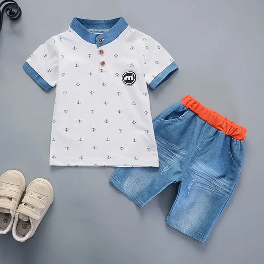 Summer Toddler Boys ANCHOR Polo Shirt & Denim Shorts