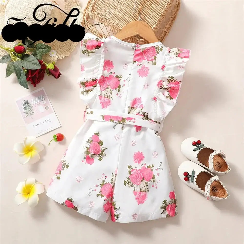 Summer Toddler Girls Sleeveless Belted Floral Print Romper