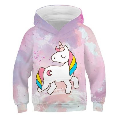 Stay cozy and magical this autumn with our Girls Autumn Long Sleeve Unicorn Hoodie Sweatshirt. Made from soft polyester, this pullover features full sleeves and a playful cartoon unicorn design