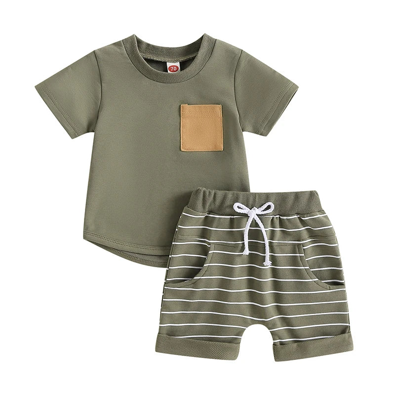 Summer Toddler Boys Short Sleeve Colorblock T-shirt with Striped Shorts