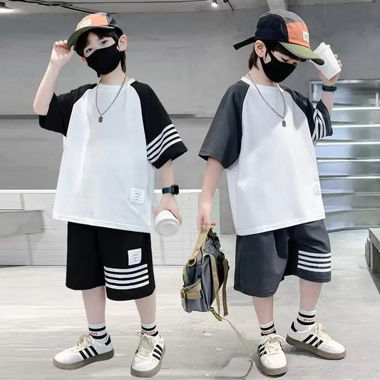 Summer Boys Casual Contrast Striped T-Shirt Top+Shorts