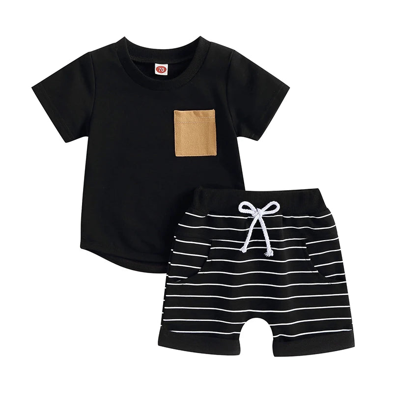 Dress your boy in style with a comfy colorblock tee and striped shorts. Perfect for summer fun, ages 6m-4y.