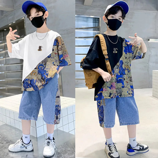 Summer Boys Cartoon Bear T-Shirt & Denim Shorts