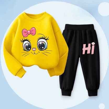 Keep your little one cozy with this playful Girls Fall Kitten Eyes Long Sleeved Pullover-Long Pants featuring a long-sleeved pullover and matching long pants.