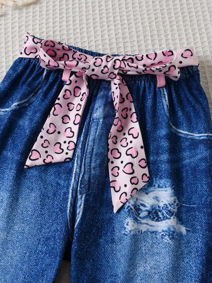 Girls Autumn Pink Leopard & Denim Print Fashion Set