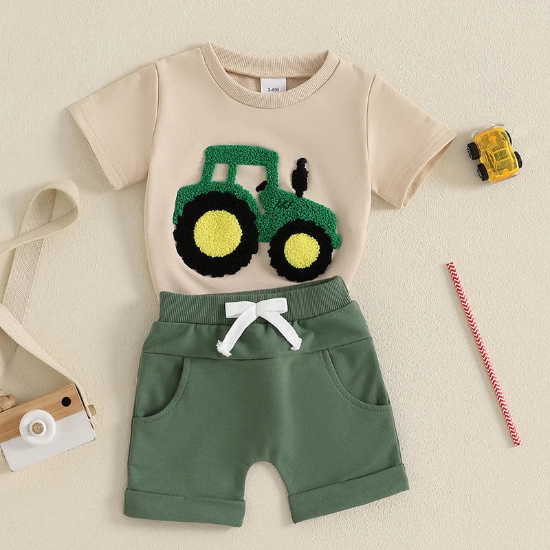 The Summer Toddler Boys Embroidered T-Shirt and Elastic Waist Shorts set is perfect for your little one's summer adventures.