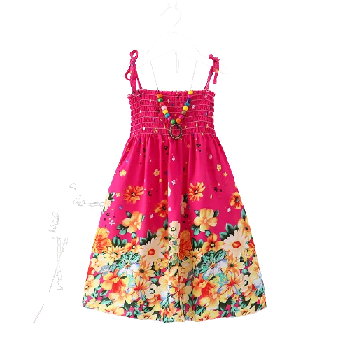 Summer Girls Floral Sling Ruffles Bohemian Dress w/Necklace