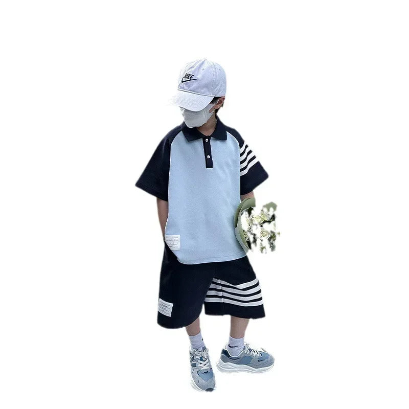 Summer Boys Off Striped Polo and Shorts Sets for Children