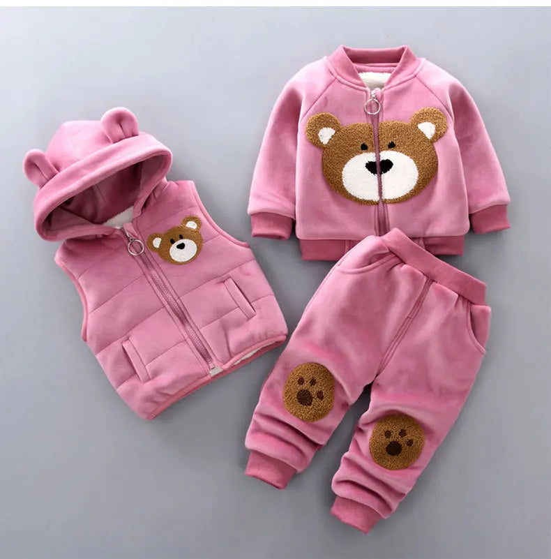 Keep your little one cozy and giggle-ready this winter with our adorable three-piece Toddler Kids Winter Fleece Cartoon Hooded Vest-Coat-Pants! 