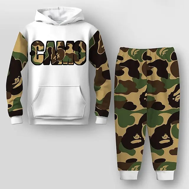 Autumn Boys Graphic Letter Camouflage 3D Print Sweatshirt Set