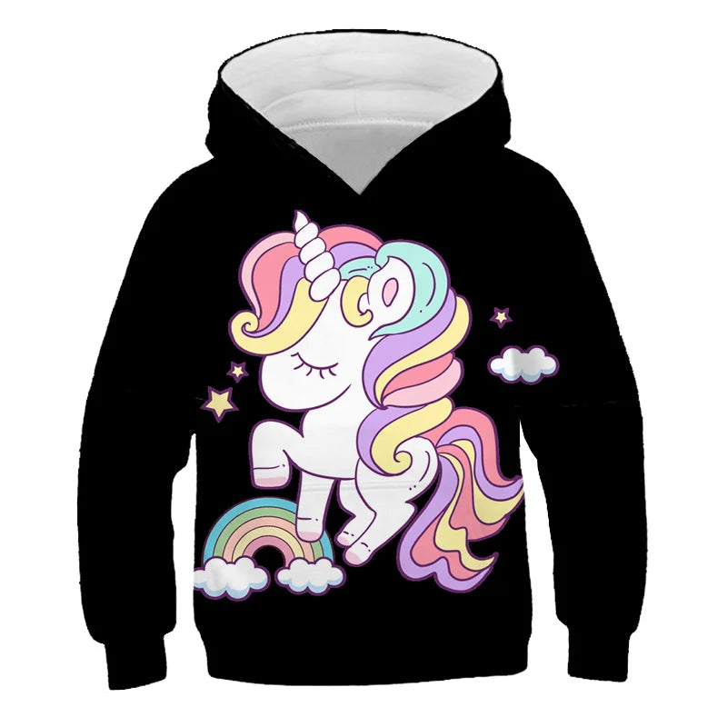 Stay cozy and magical this autumn with our Girls Autumn Long Sleeve Unicorn Hoodie Sweatshirt. Made from soft polyester, this pullover features full sleeves and a playful cartoon unicorn design