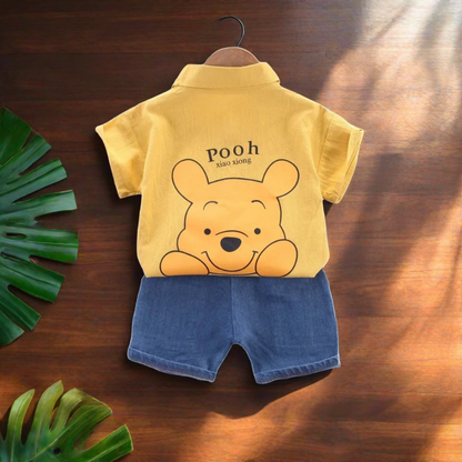 Summer Toddler Boys POOH Bear Shirt & Denim Pocket Shorts