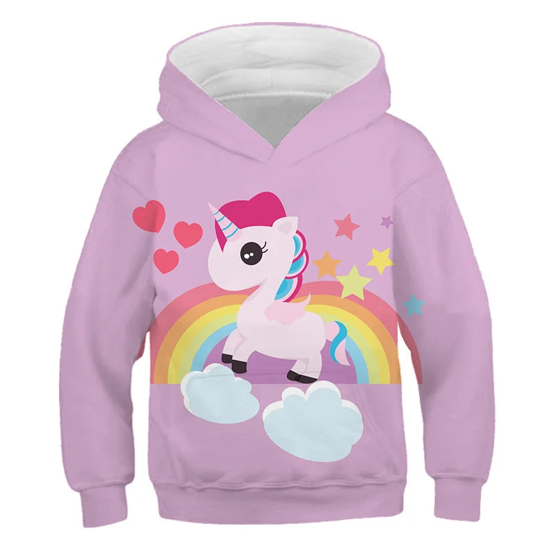 Stay cozy and magical this autumn with our Girls Autumn Long Sleeve Unicorn Hoodie Sweatshirt. Made from soft polyester, this pullover features full sleeves and a playful cartoon unicorn design