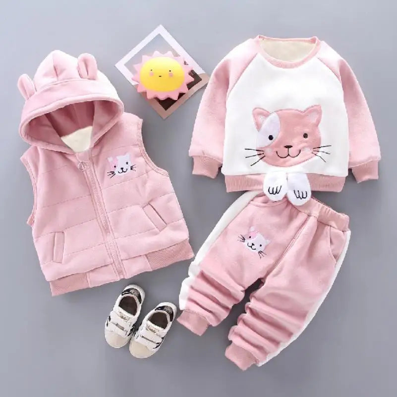 Keep your little one cozy and giggle-ready this winter with our adorable three-piece Toddler Kids Winter Fleece Cartoon Hooded Vest-Coat-Pants! 