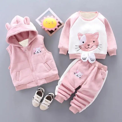 Keep your little one cozy and giggle-ready this winter with our adorable three-piece Toddler Kids Winter Fleece Cartoon Hooded Vest-Coat-Pants! 