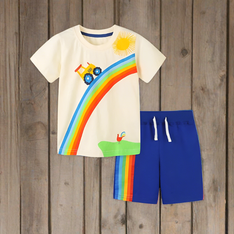 Get your little one ready for summer fun with our Summer Toddler Boys Tractor and Rainbow Appliques Shirt & Shorts!