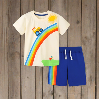 Get your little one ready for summer fun with our Summer Toddler Boys Tractor and Rainbow Appliques Shirt & Shorts!