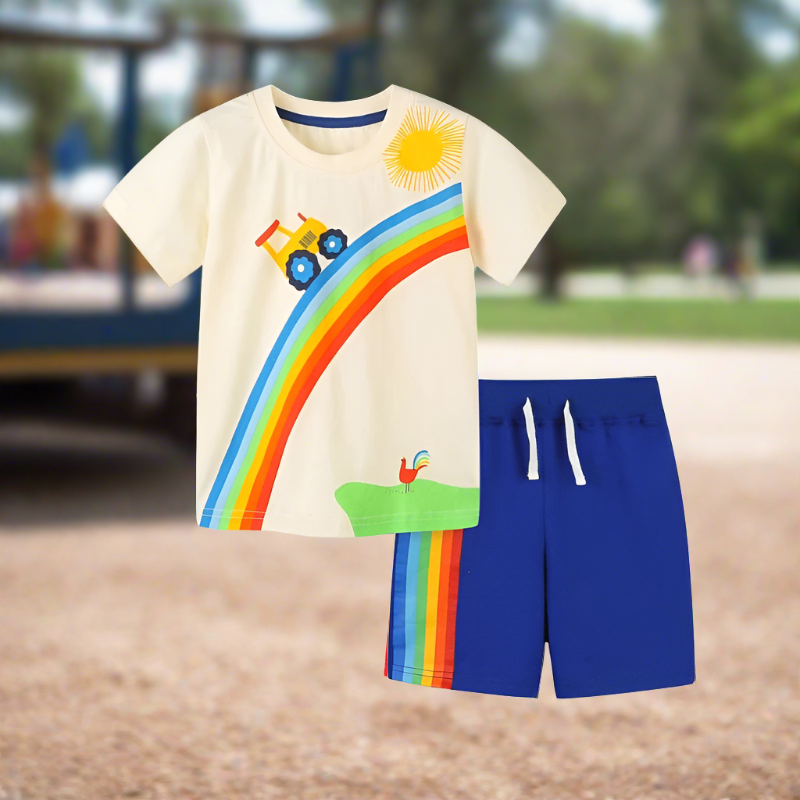 Get your little one ready for summer fun with our Summer Toddler Boys Tractor and Rainbow Appliques Shirt & Shorts!