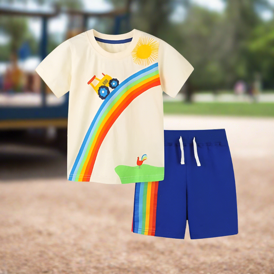 Summer Toddler Boys Tractor and Rainbow Appliques Shirt & Shorts