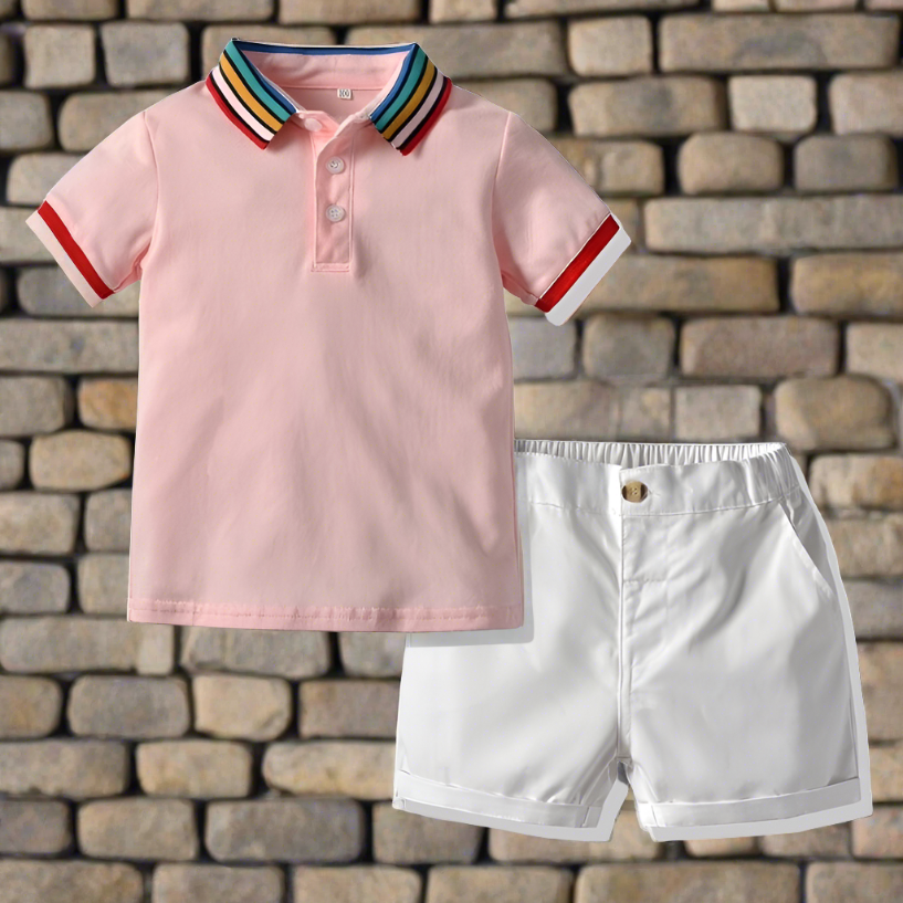 This classic striped collar polo shirt and shorts combo will have them looking sharp and ready to learn (or play!).